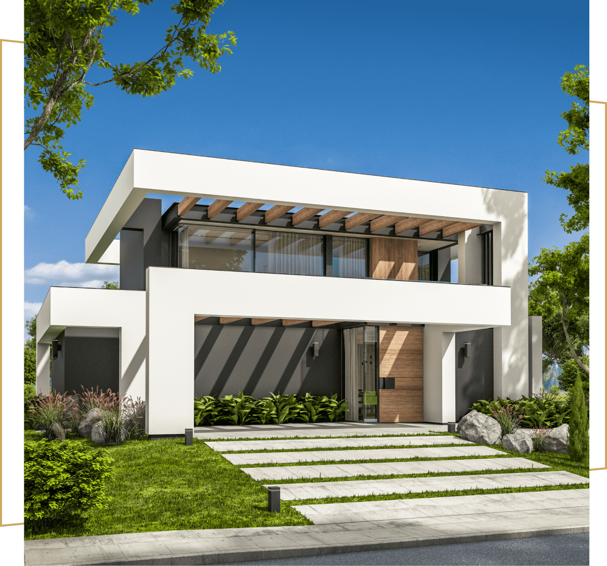 Modern two-story house with large windows.