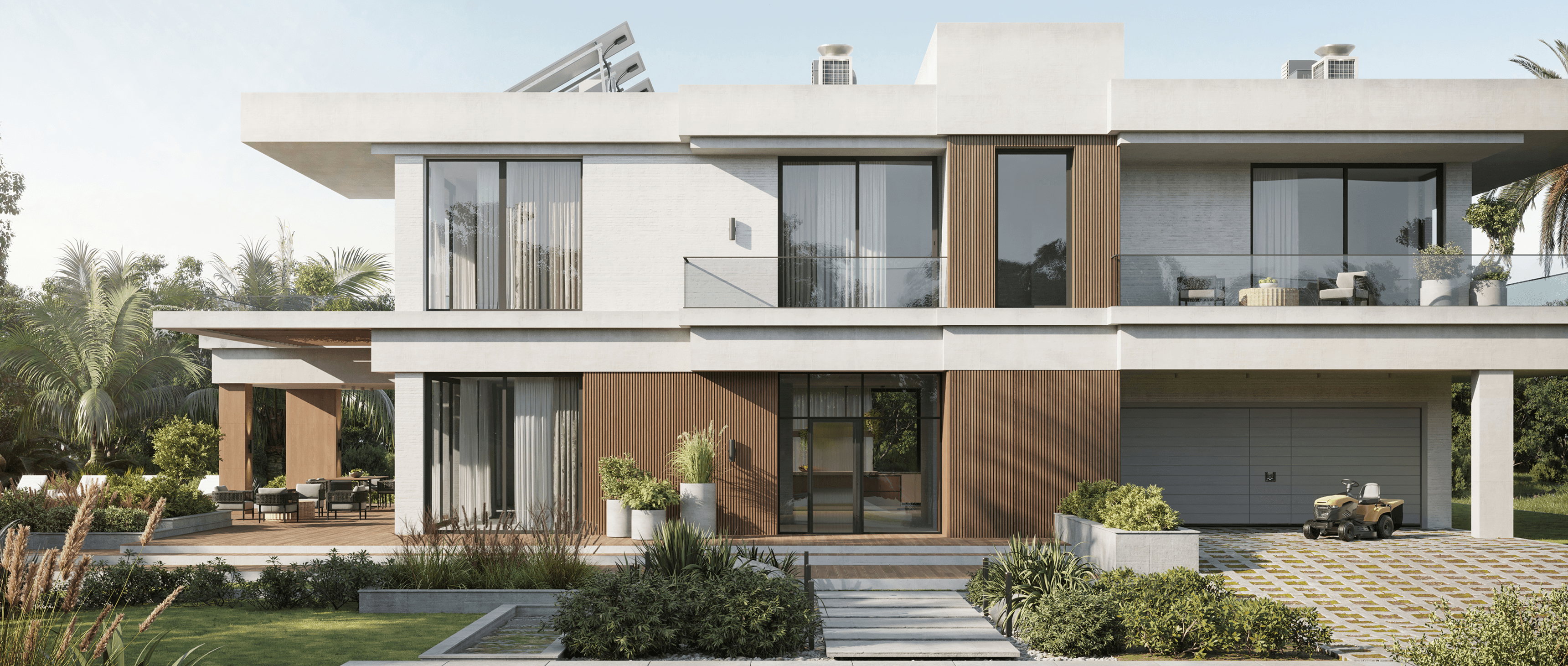 Modern two-story house with large windows.