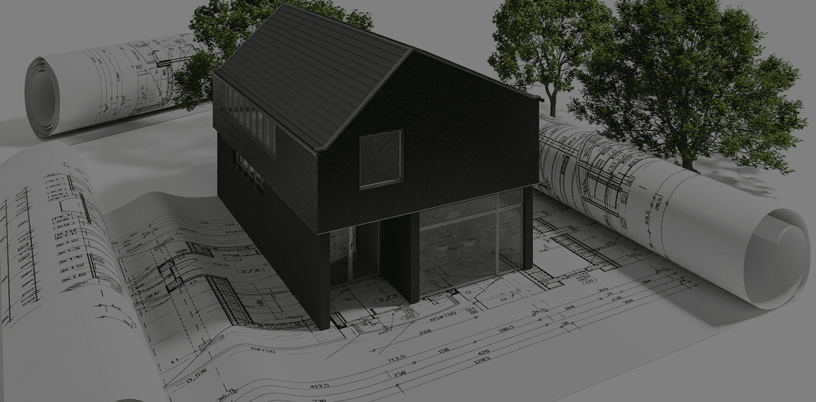 Black house model on architectural blueprints.